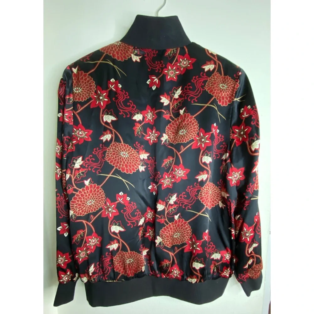 Notations Silk Bomber Jacket Womens Large Black Red Floral Chrysanthemum Zip Up - Picture 2 of 7